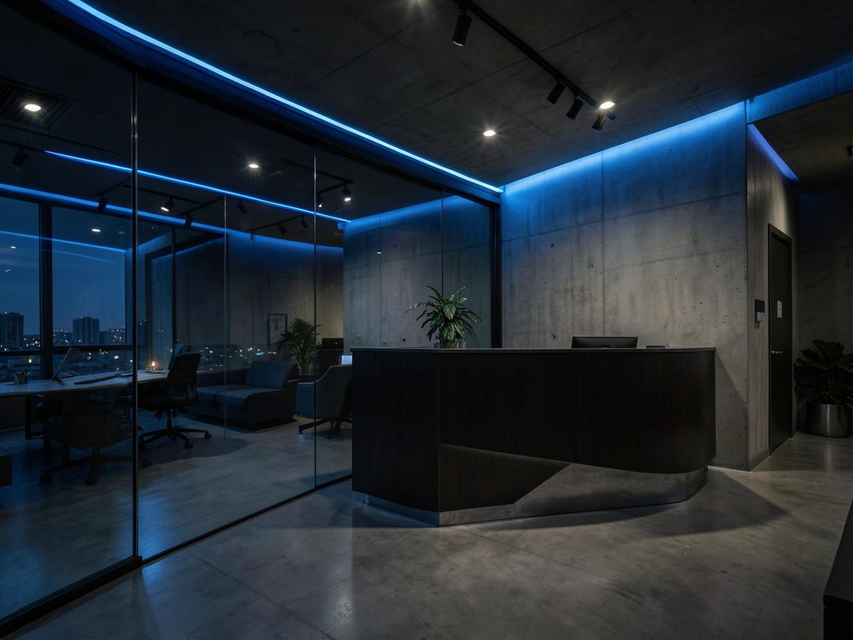 Dark commercial office reception space photographed with blue accent lighting