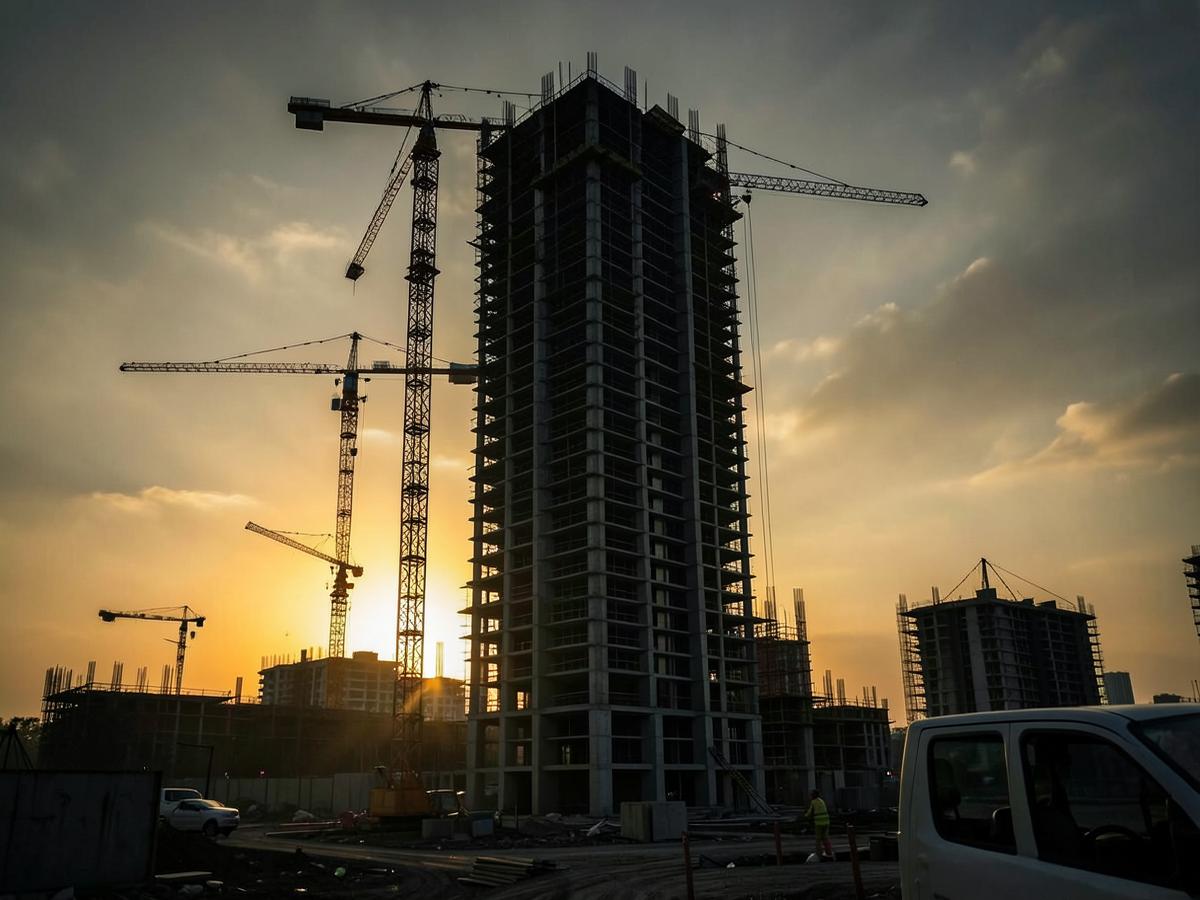 Tower cranes over a building under construction at golden hour