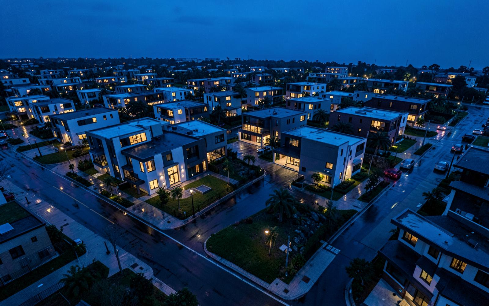 Aerial drone photograph of a residential development at blue hour